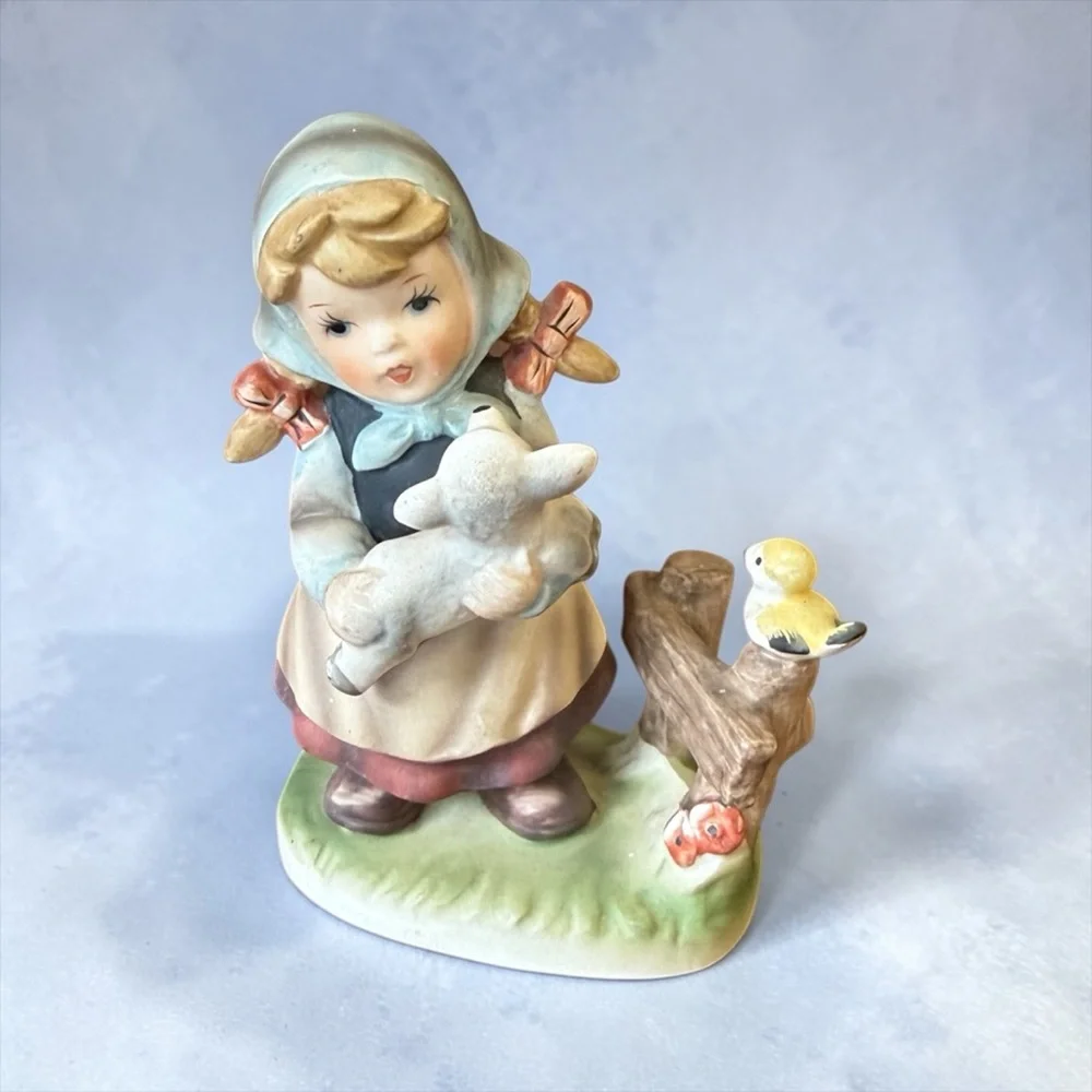 Vintage Royal Crown Porcelain Girl with Lamb Figurine Mid Century Japan